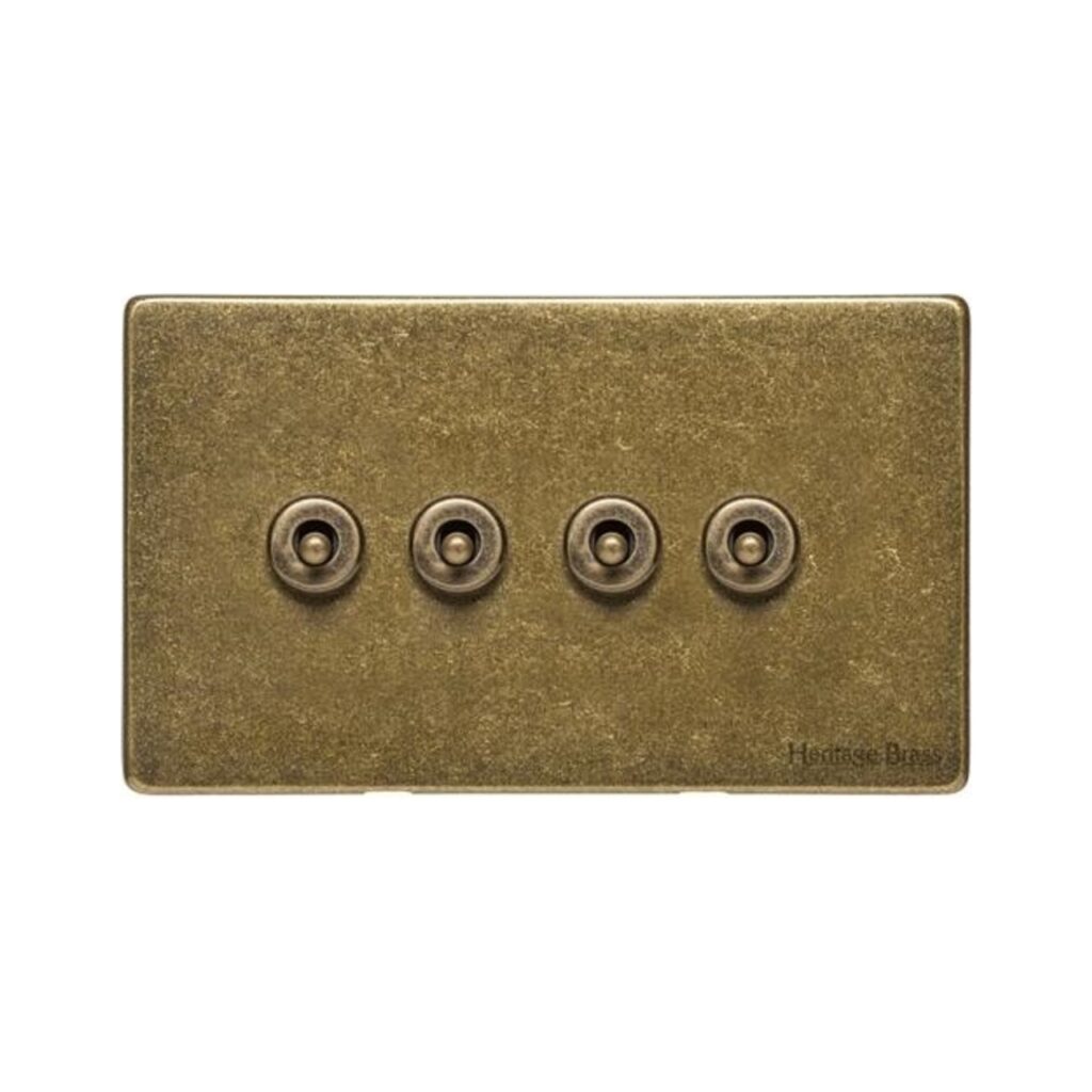 Vintage Range 4 Gang Toggle Switch in Rustic Brass
