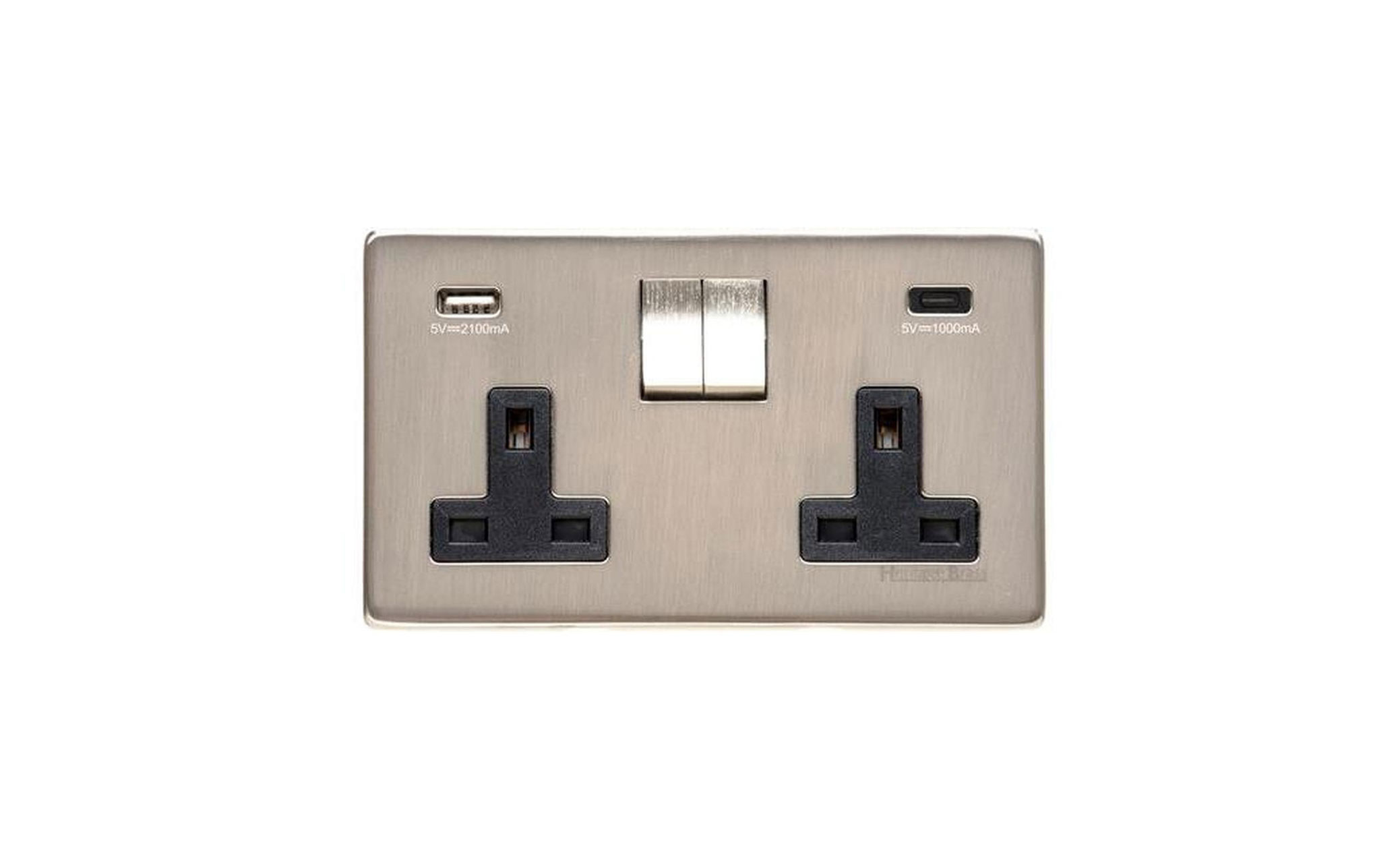 USB A+C Port Double Socket in Satin Nickel Finish with Black Inserts.