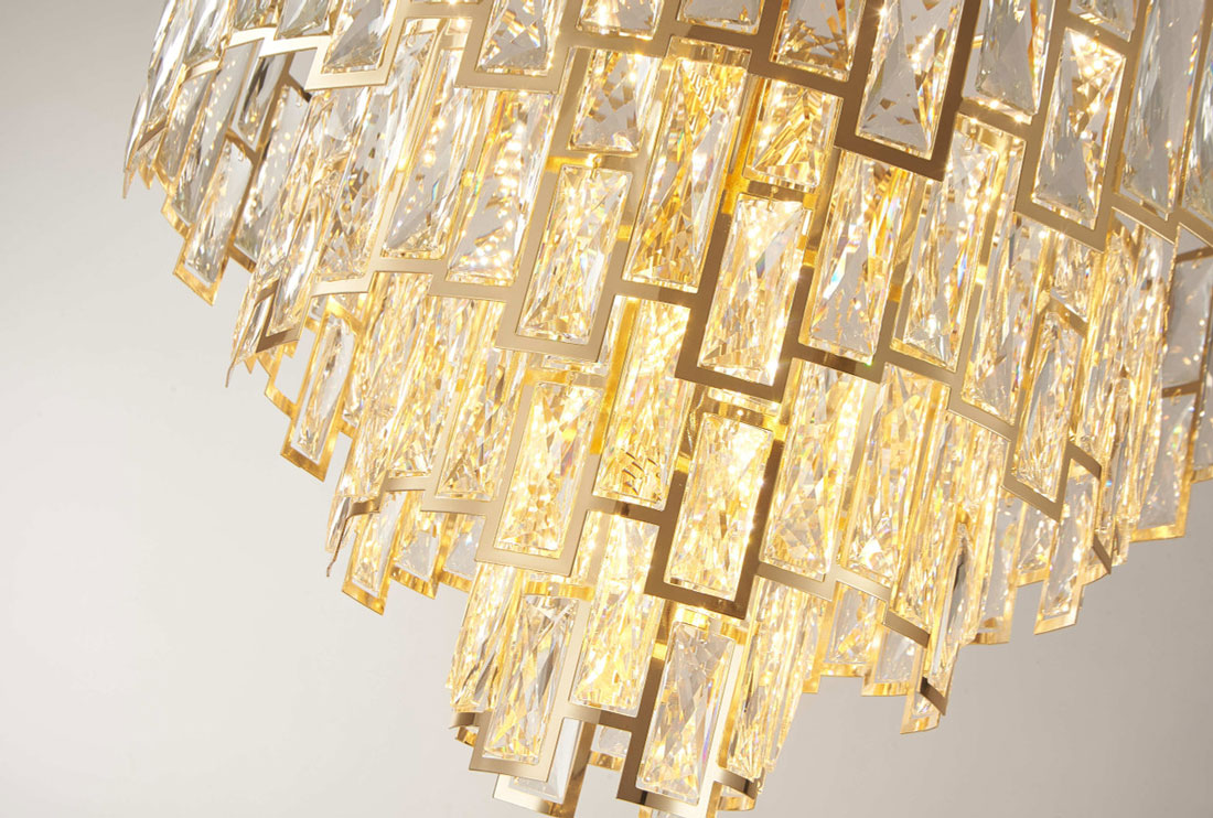 Luxury Crystal chandelier with rectangular crystals. Chandelier is in a gold finish