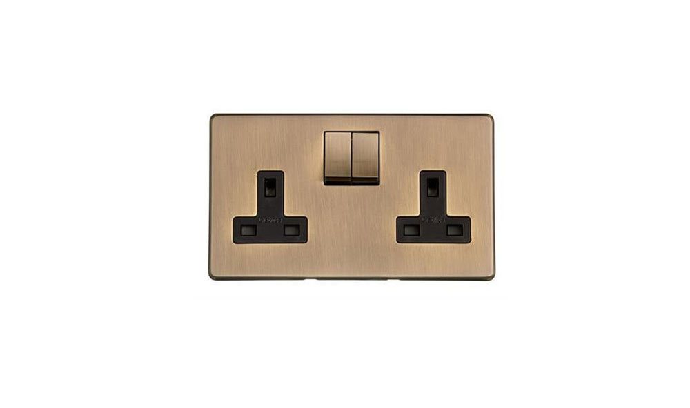 Studio Range Double Socket (13 Amp) in Antique Brass - Black Trim