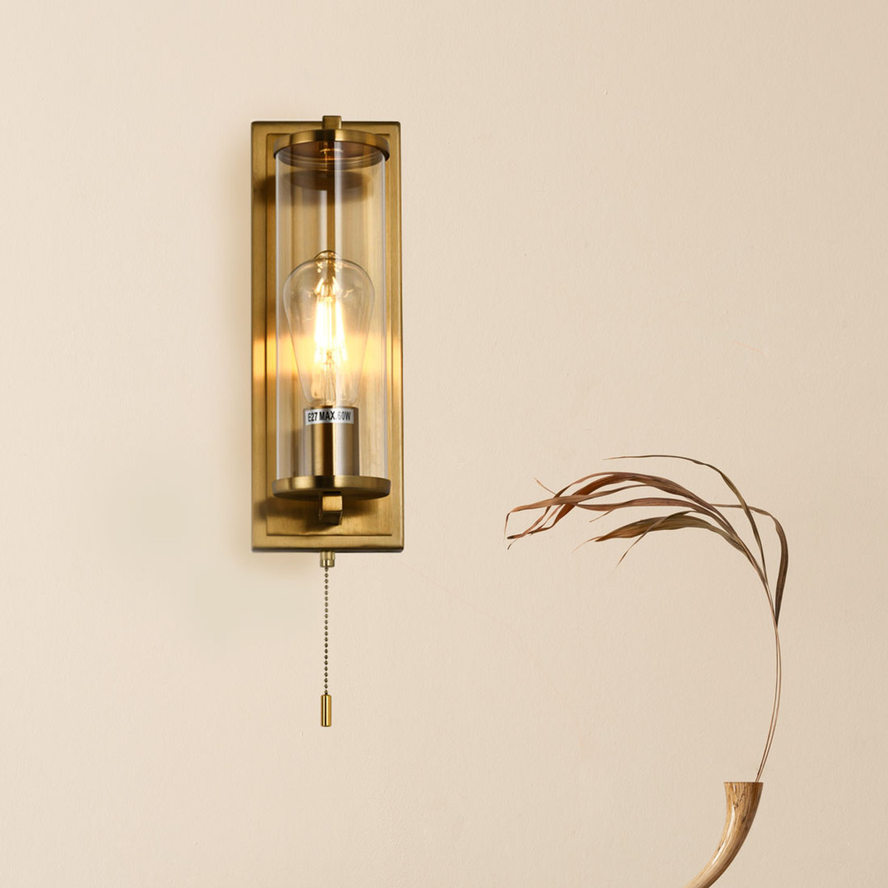 Pull Cord Cylindrical Bathroom Wall Light in Brushed Brass. Bathroom Lighting Ideas.