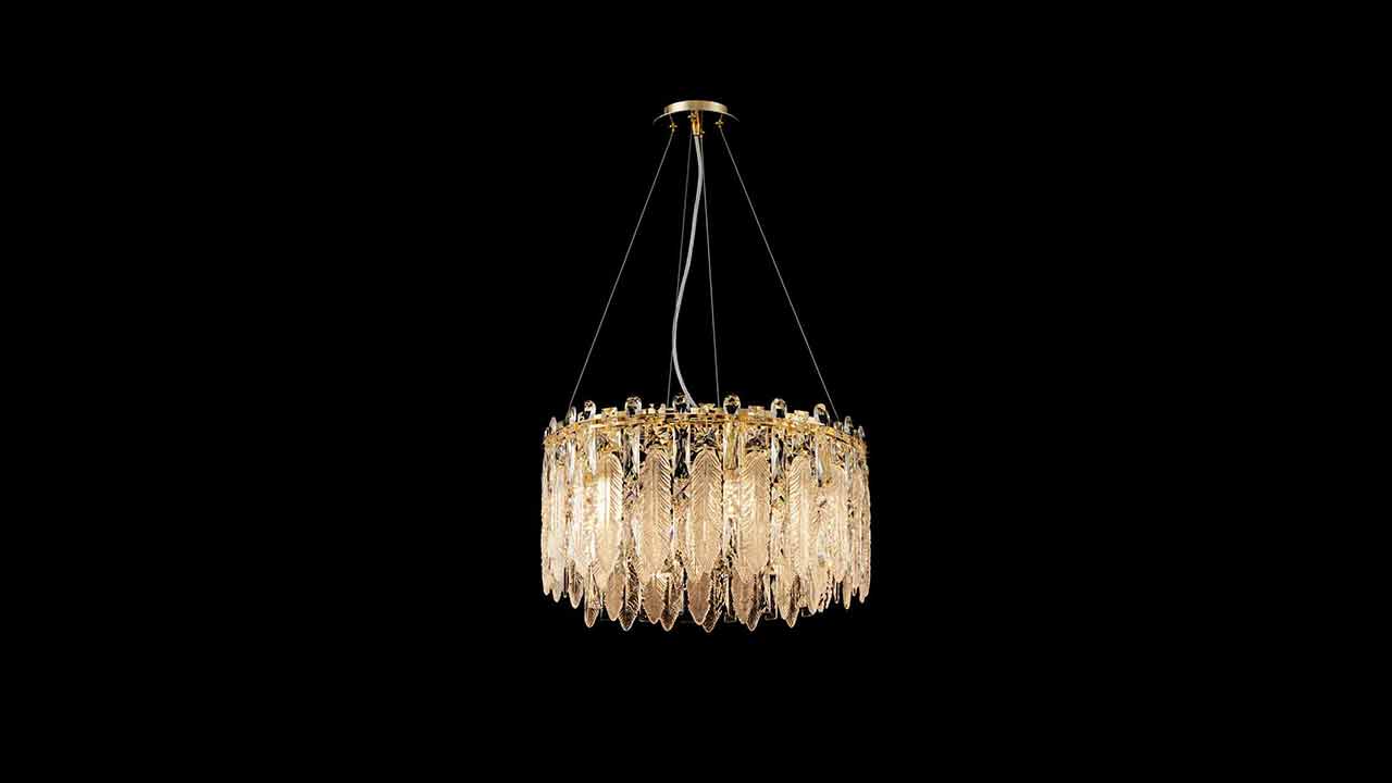 Crystal Glass Feather Chandelier in Gold E14 60cm