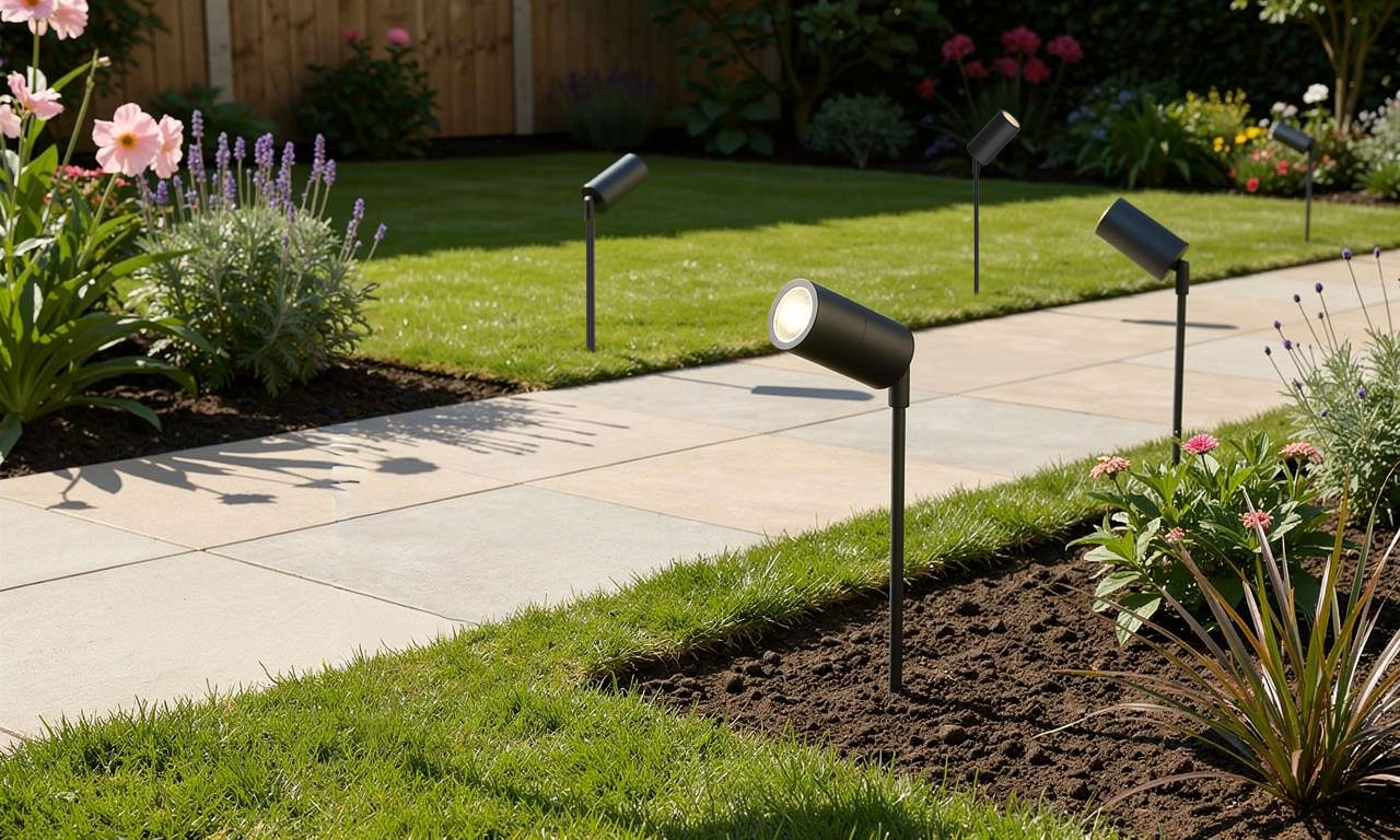 Matt Black Spike Lights in the Garden Spacing and aiming rules