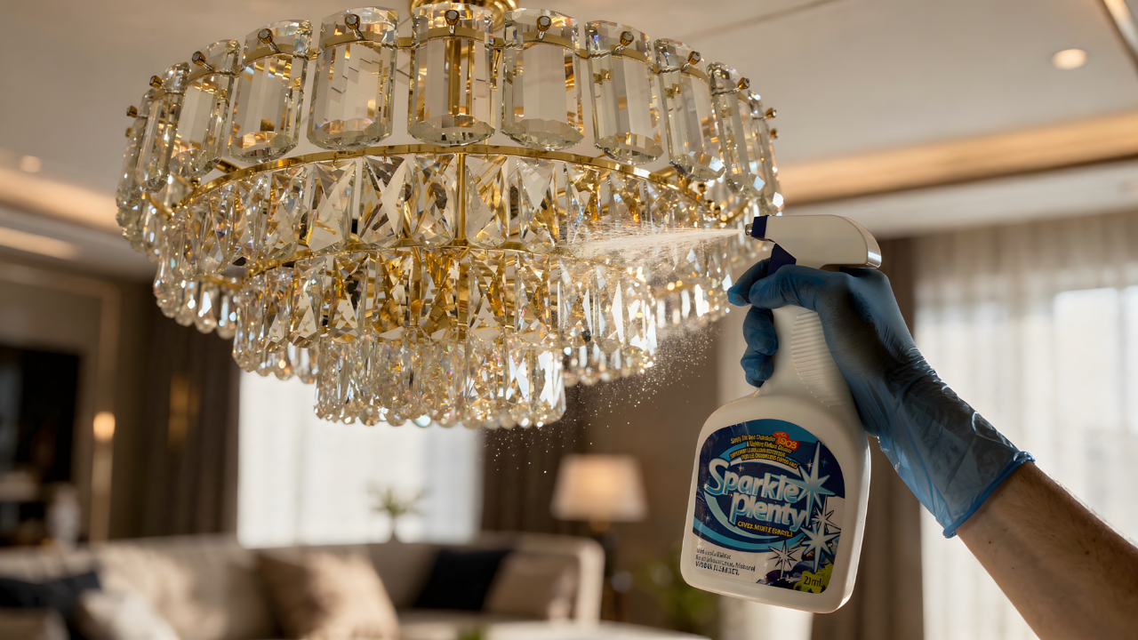 Spraying Sparkle Plenty cleaner on a modern gold crystal chandelier