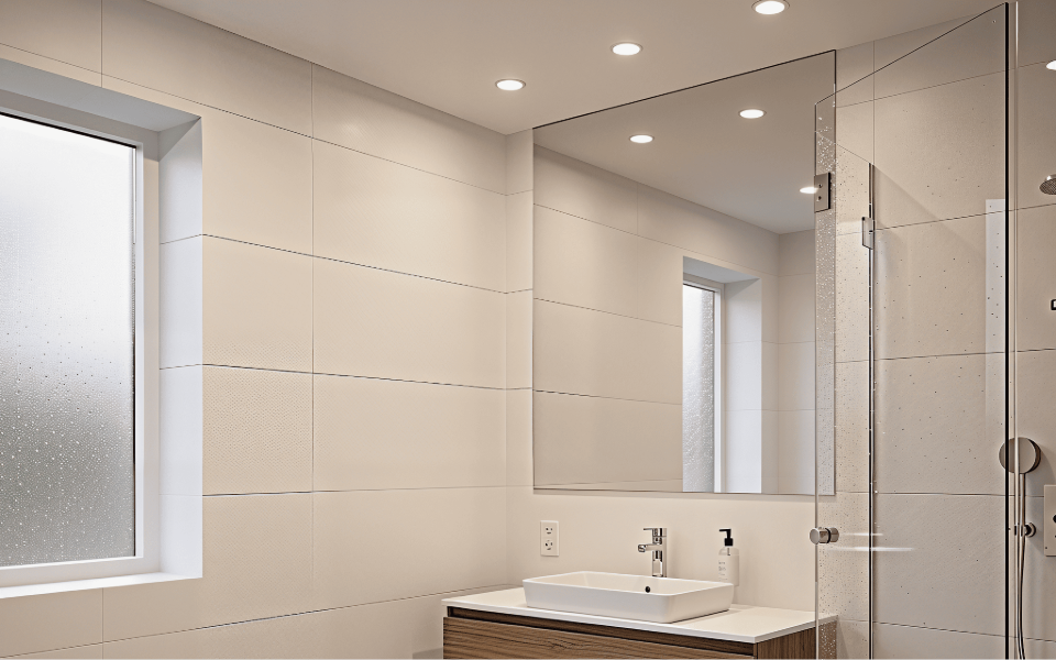 Recessed downlights above a bathroom mirror and vanity in an IP44-rated zone