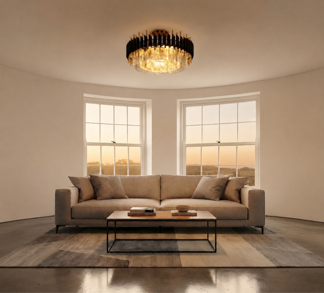 Black and gold crystal flush ceiling light in a neutral living room with bay windows and a beige sofa