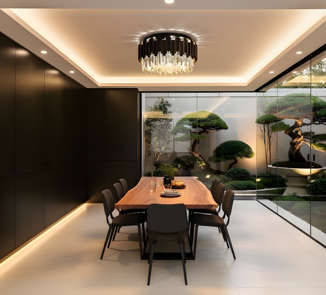 Black crystal flush chandelier above a live-edge dining table in a contemporary dining room with bonsai garden view