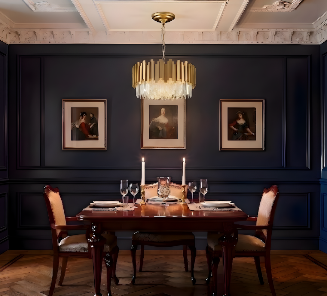 Gold crystal chandelier pendant above a formal dining table set for dinner in a navy panelled dining room