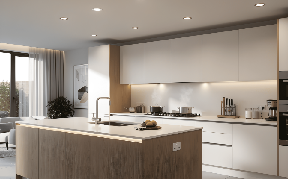 Modern kitchen with integrated LED recessed downlights and under-cabinet lighting