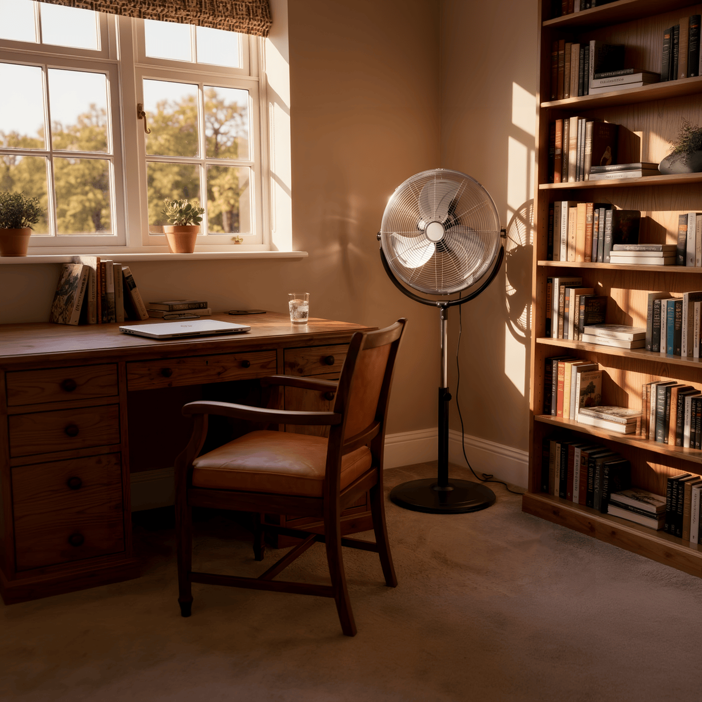 Chrome pedestal fan beside a wooden desk and bookshelf in a warm sunlit home study