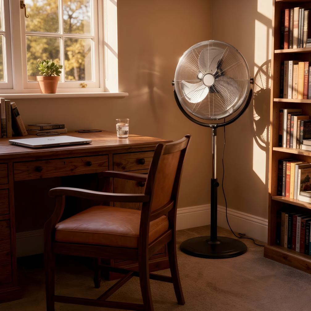 Chrome pedestal fan beside a wooden desk and bookshelf in a warm sunlit home study