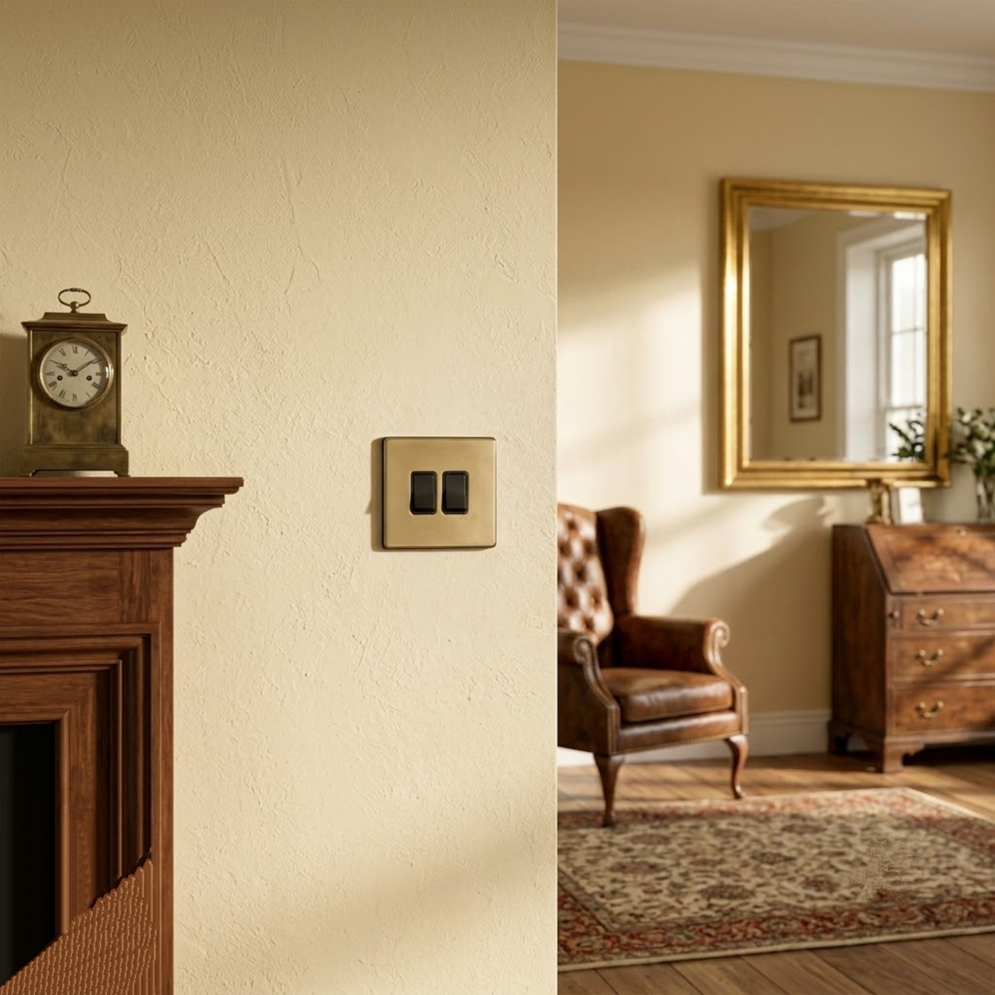 Polished brass 2-gang rocker switch on a wall in a traditional period living room