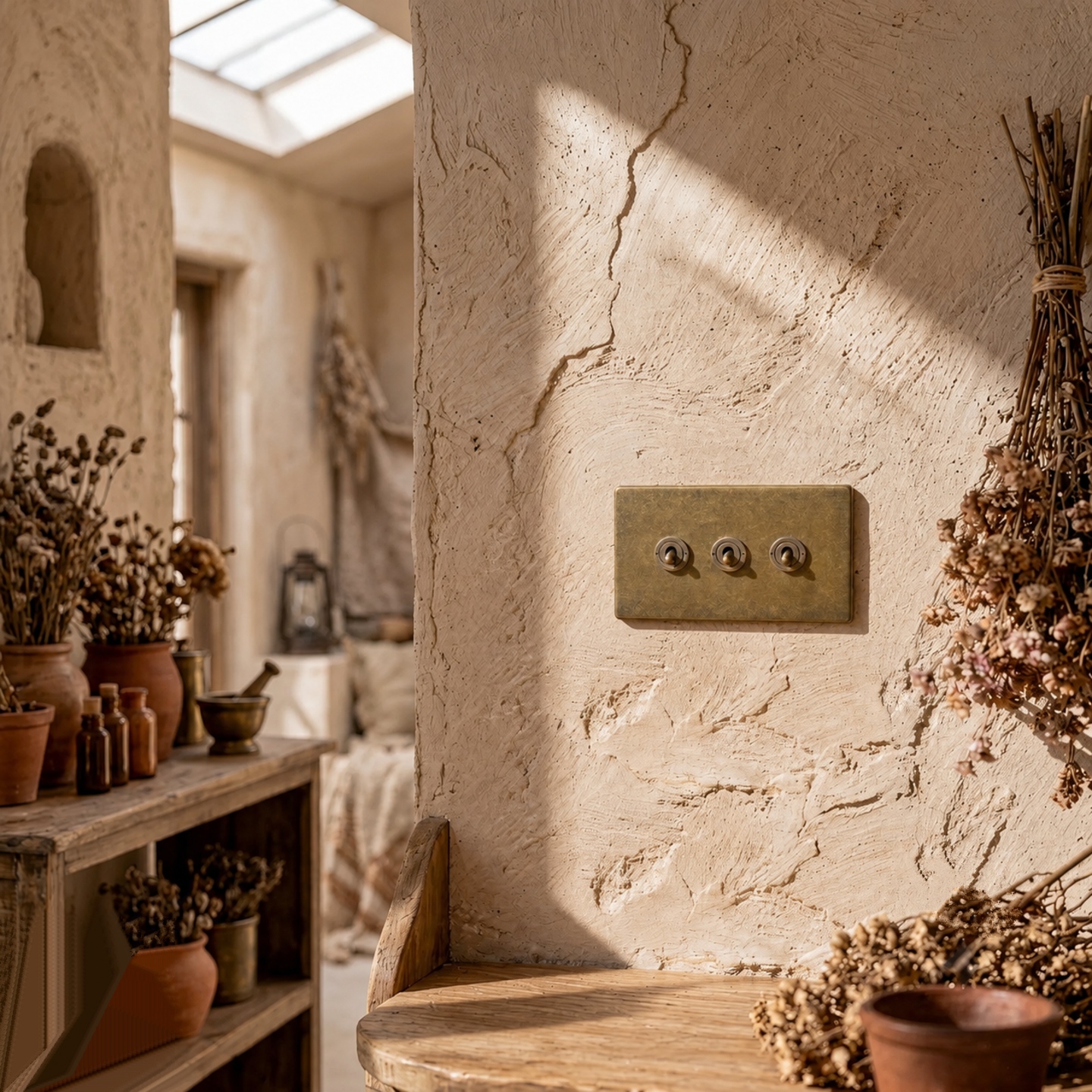 Rustic brass 3-gang toggle switch on a textured plaster wall in a farmhouse-style interior