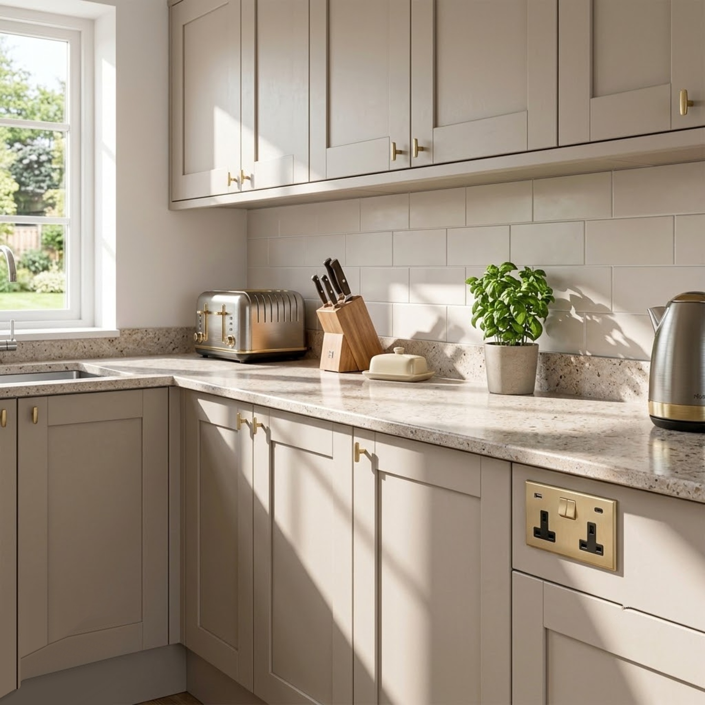 Satin brass double socket with USB-A and USB-C charging ports fitted above a kitchen worktop
