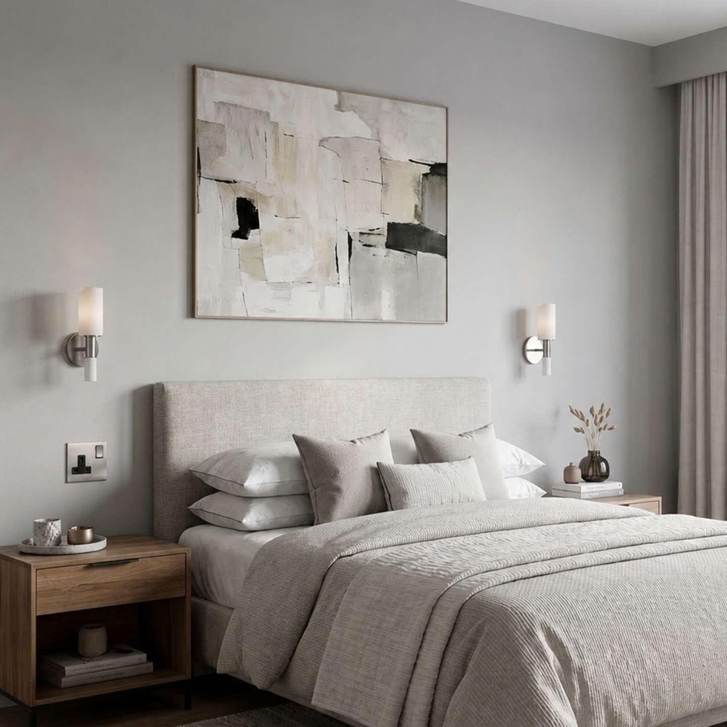 Satin nickel single socket with switch fitted on a bedroom wall