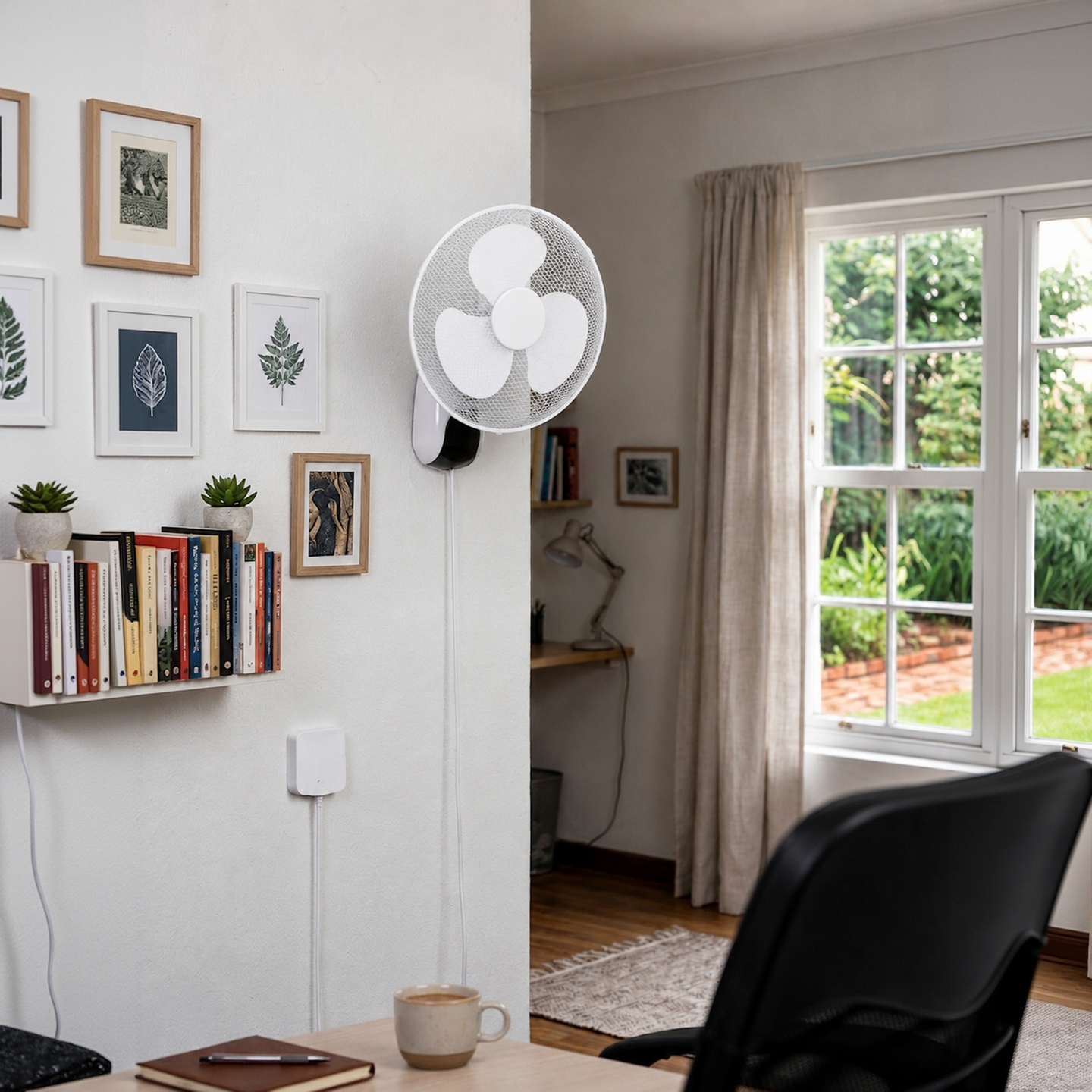White wall mounted fan fixed above a bookshelf in a home living room with gallery wall art
