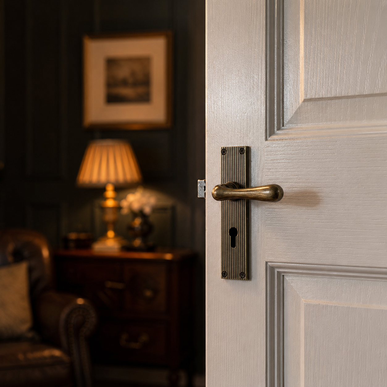 Heritage Brass Charlbury Reeded lever lock handle in antique brass fitted to a white painted panel door with Sashlock visible