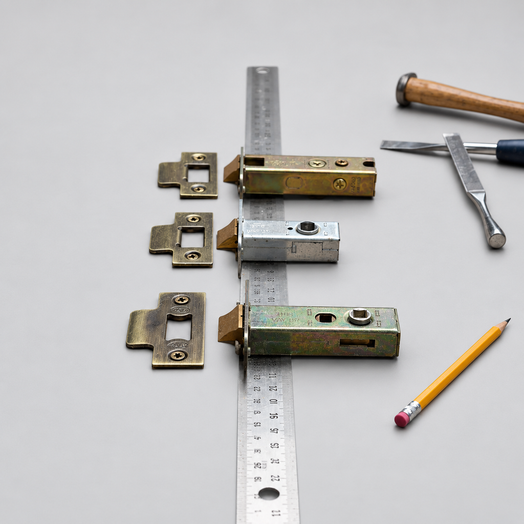 Three York tubular latches in antique brass showing the size difference between 2½ inch, 3 inch, and 4 inch case depths