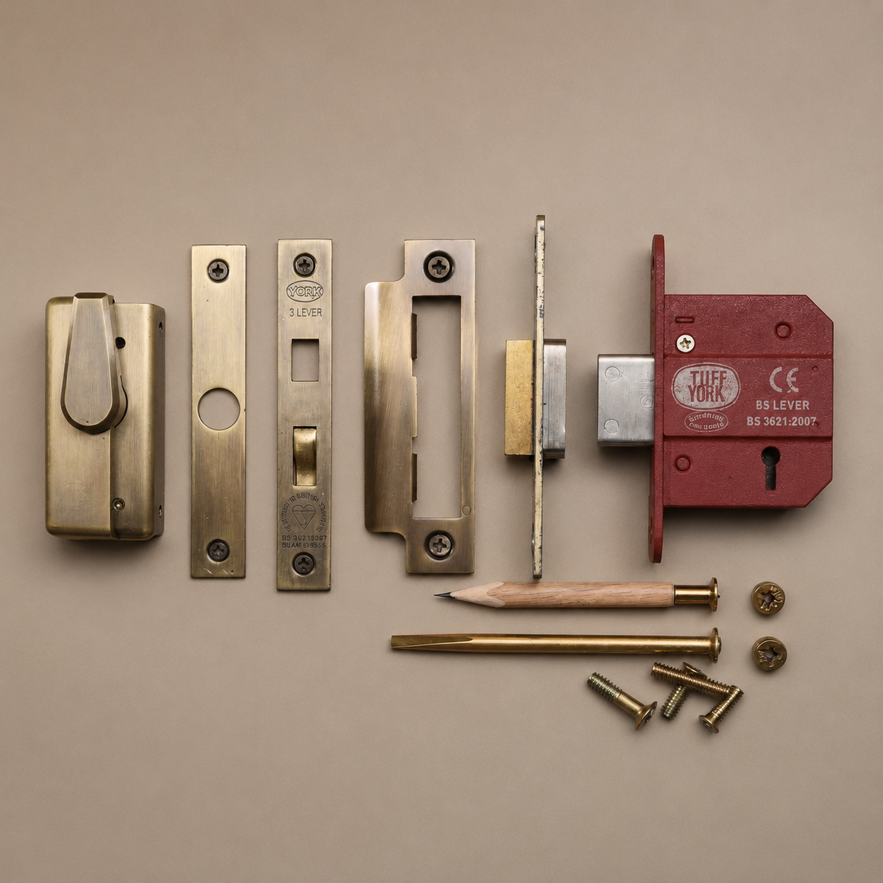 Six types of door locks and latches in antique brass laid out side by side — night latch, tubular latch, sashlock, bathroom lock, deadbolt, and deadlock