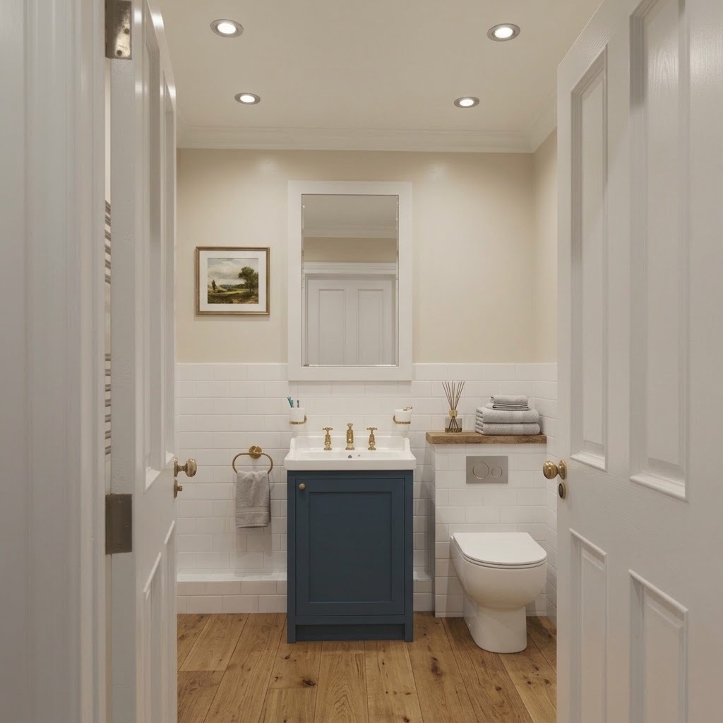 Polished chrome recessed downlights providing even coverage in a small British bathroom with navy vanity unit and metro tiles