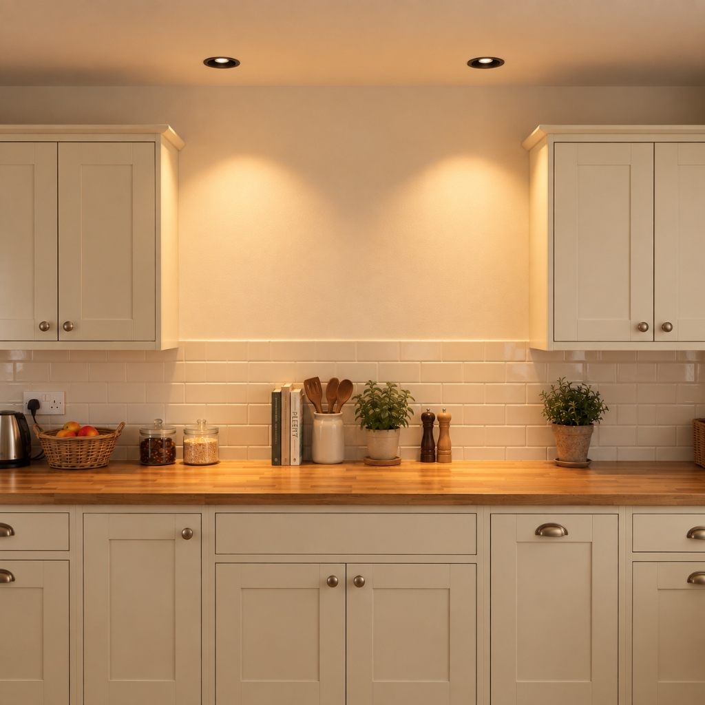 Matt black recessed downlights positioned directly above a kitchen worktop, casting shadow-free light on a person preparing food at a Belfast sink