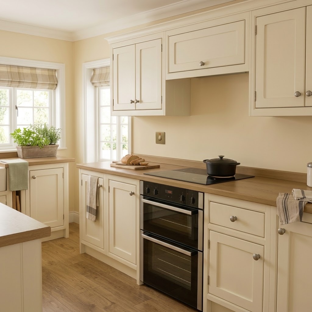 Heritage Brass antique brass 45A double pole cooker switch mounted on a kitchen wall above an oak worktop with oven below