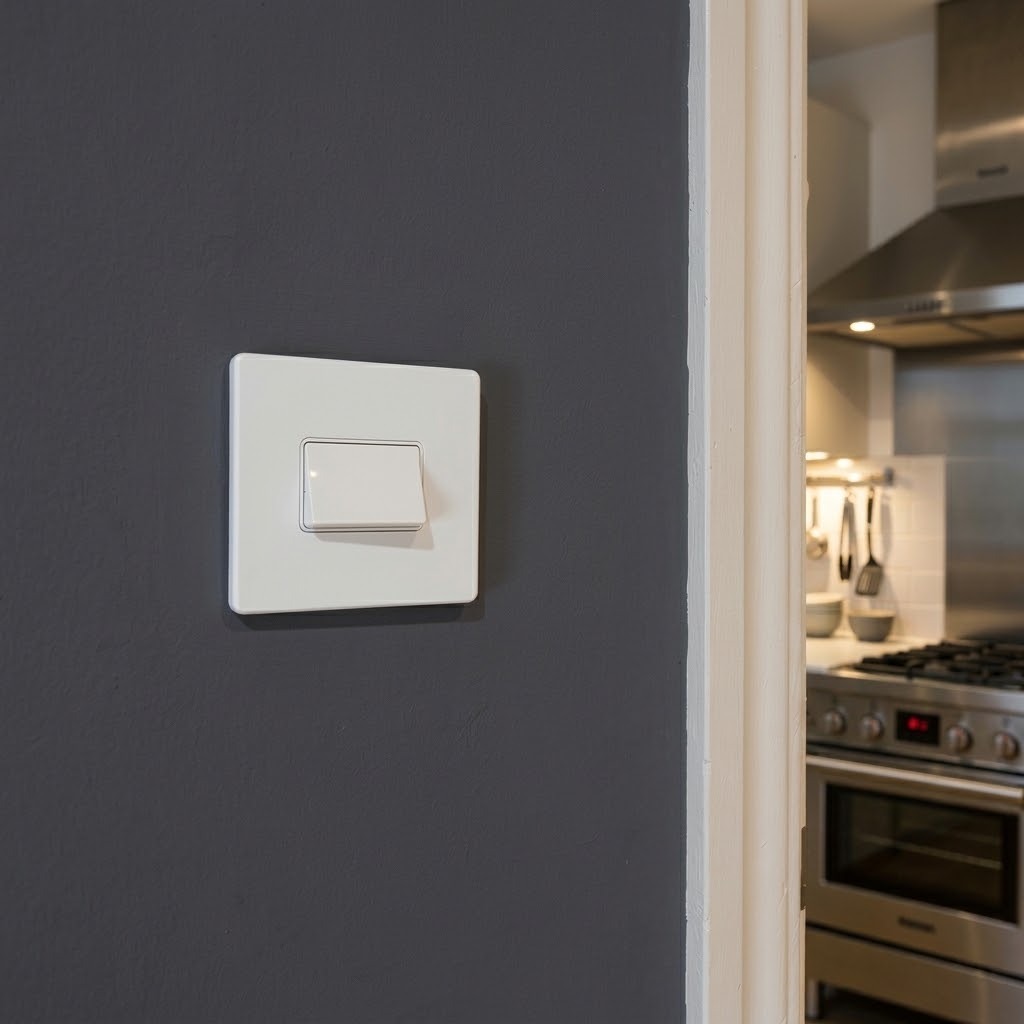 Heritage Brass matt white triple pole fan isolator switch on a dark wall outside a kitchen with extractor hood visible in the background