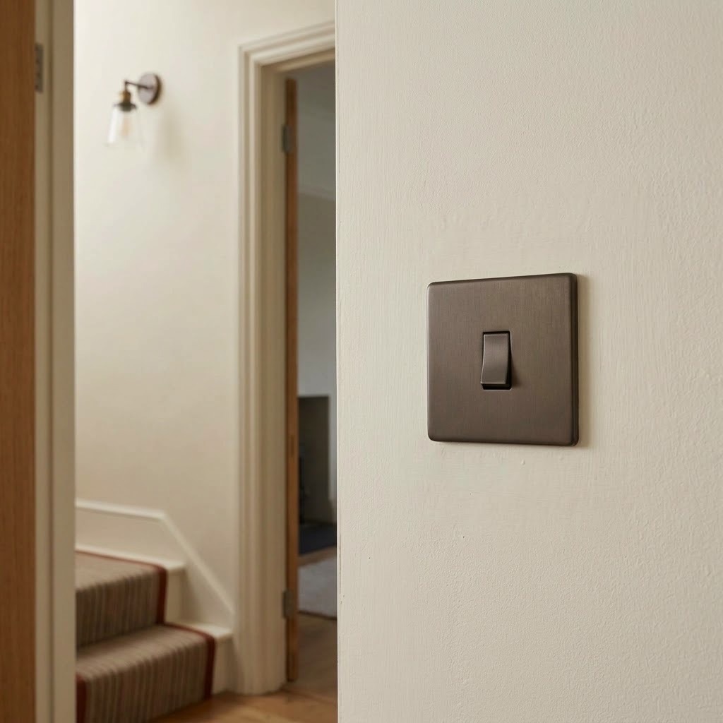 Heritage Brass matt bronze intermediate rocker switch on a cream hallway wall with staircase visible in the background illustrating two-position switching