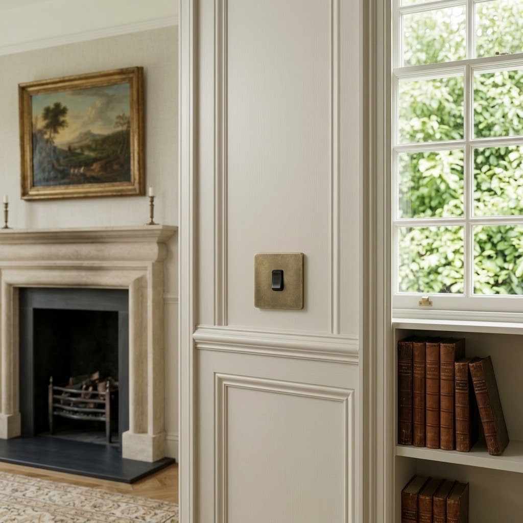 Heritage Brass antique brass single gang rocker switch on a panelled wall in a traditional British period property with fireplace and bookshelf