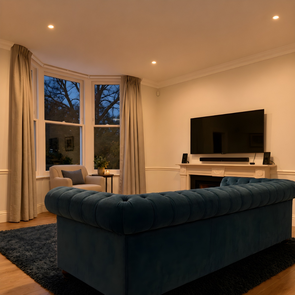 Matt white recessed downlights in a Victorian living room positioned away from the TV screen to avoid glare, with a blue Chesterfield sofa and bay window