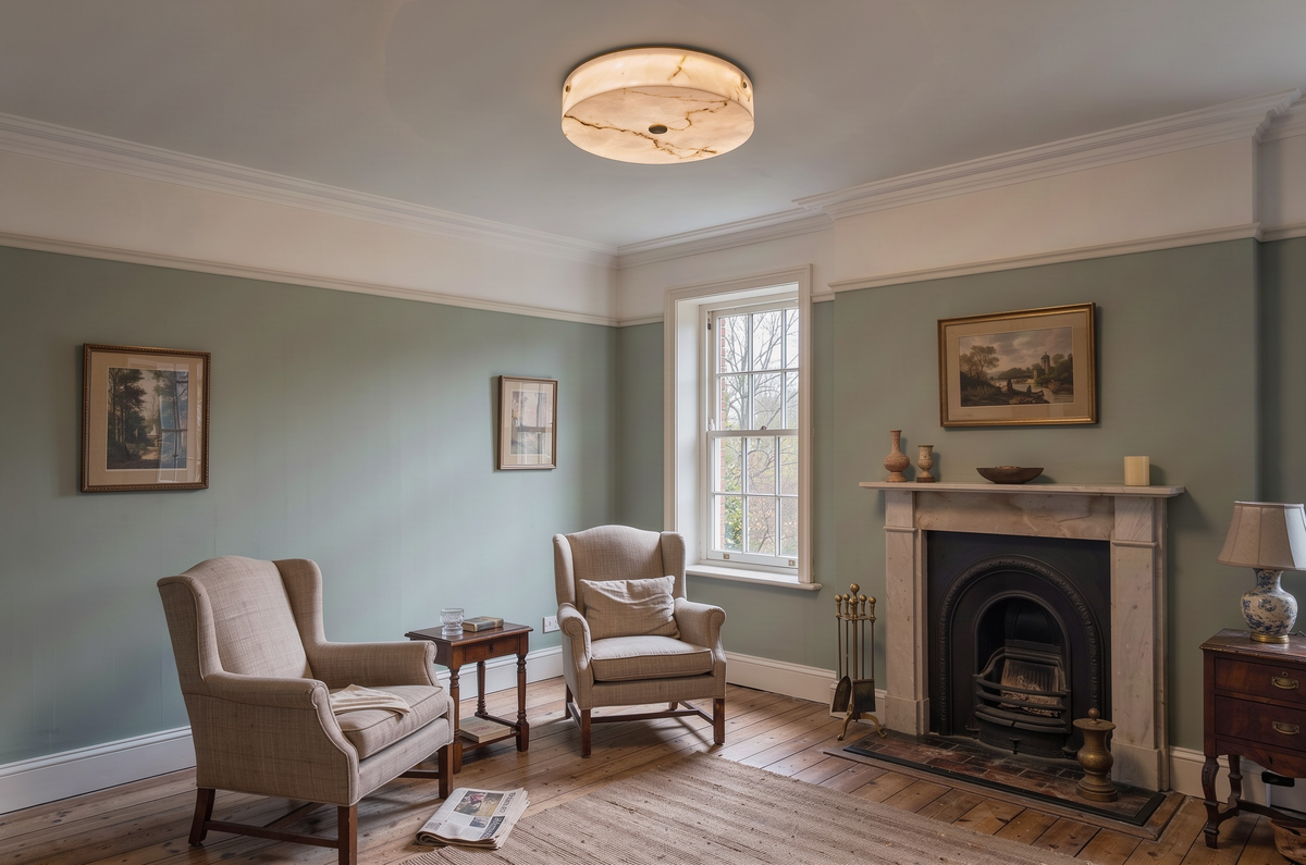 Alabaster flush ceiling light in a Georgian sitting room with cast iron fireplace and wingback chairs