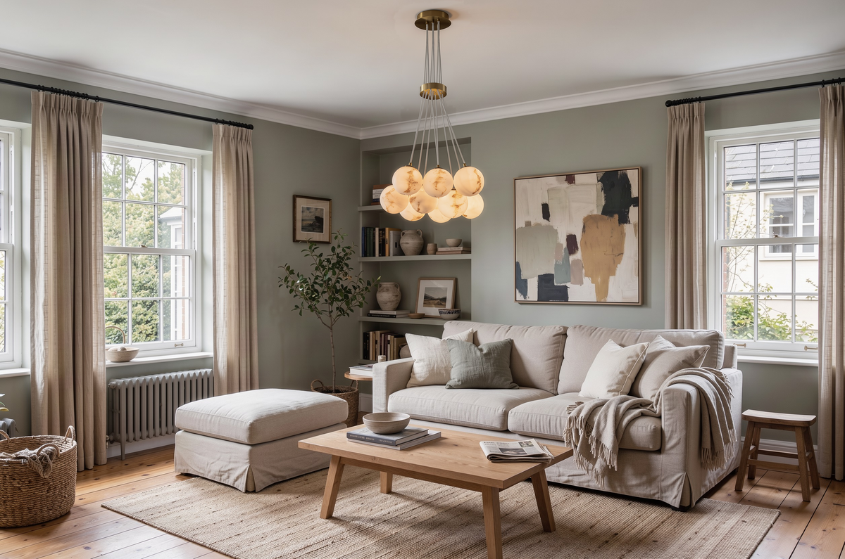 Alabaster globe cluster ceiling pendant in a British living room with sage green walls and natural linen furnishings