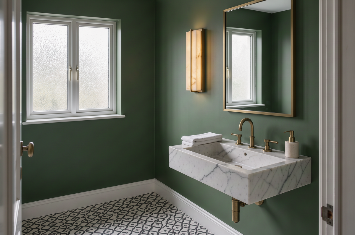 Alabaster rectangular wall light above a marble floating basin in a dark green bathroom with brass fittings