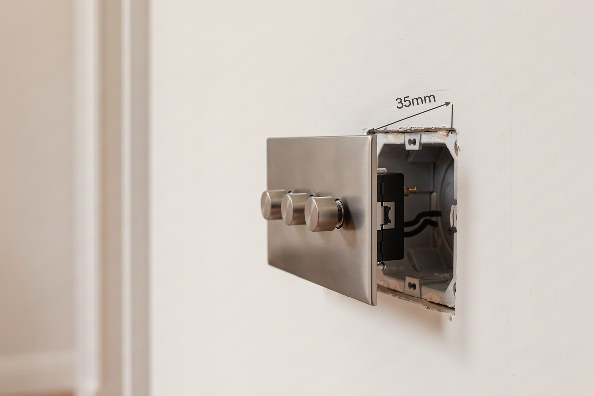 Satin nickel 3-gang screwless dimmer switch pulled forward from the wall revealing the metal backbox recess behind