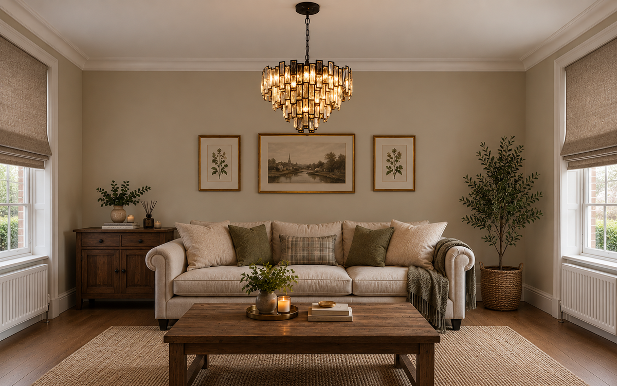 Black tiered crystal chandelier casting warm 2700K ambient light across a cosy British living room.png