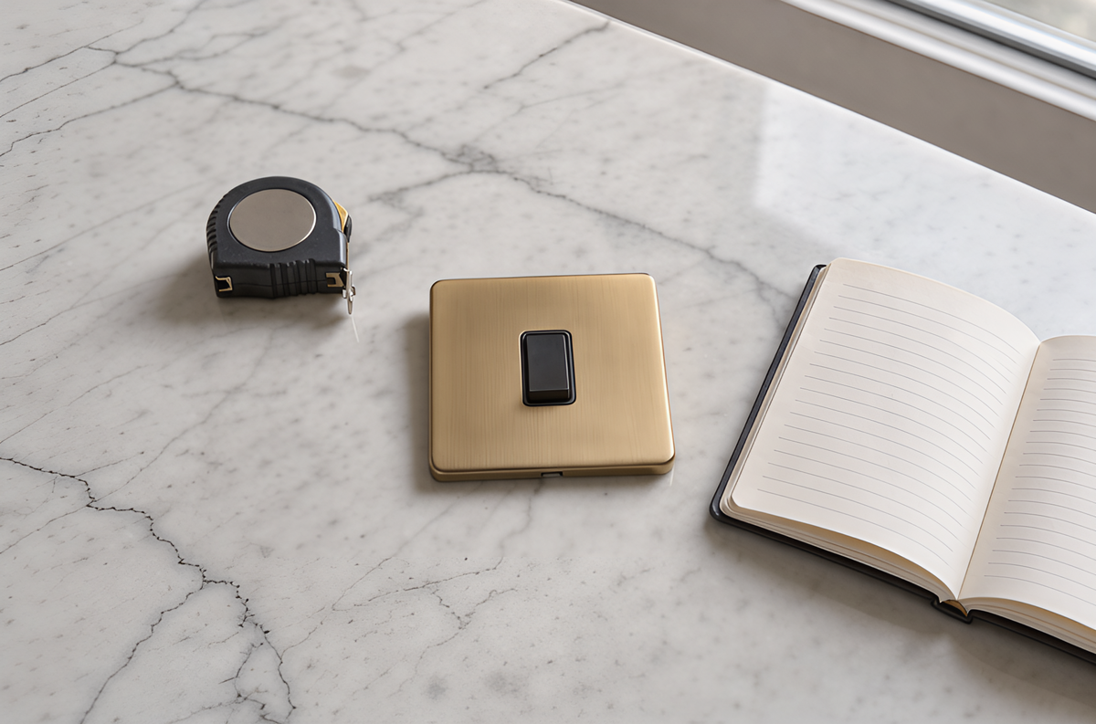 Satin brass 1-gang flat plate light switch laid on a marble surface alongside a tape measure and open notepad
