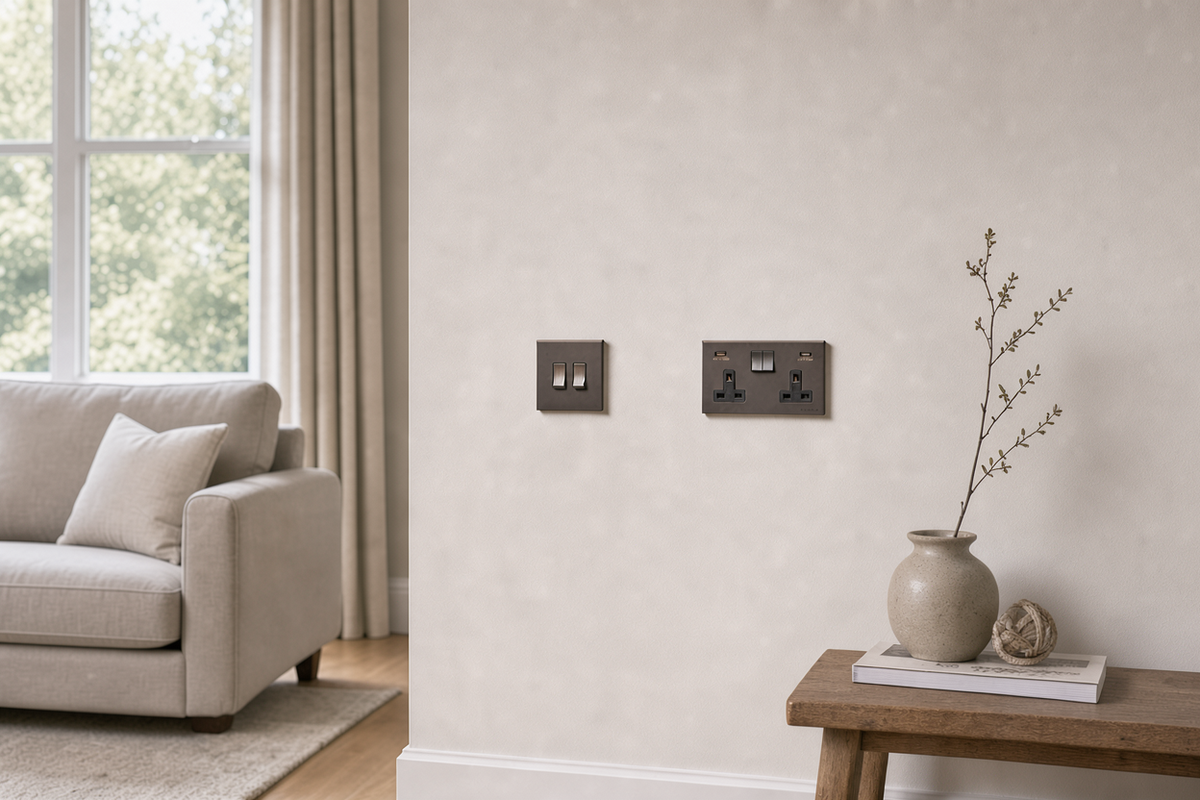 Matt bronze 2-gang flat plate light switch and double socket on a neutral plaster wall in a British living room with linen sofa and wooden side table